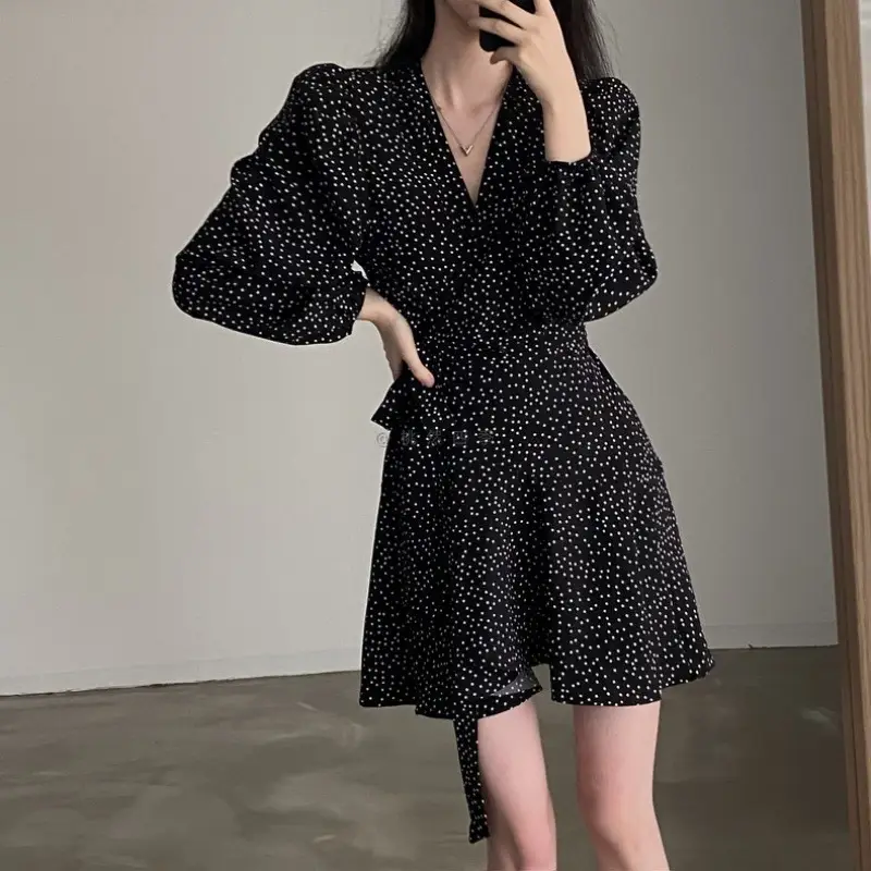 French Style Black Dot V-Neck Long Sleeve Dress Women