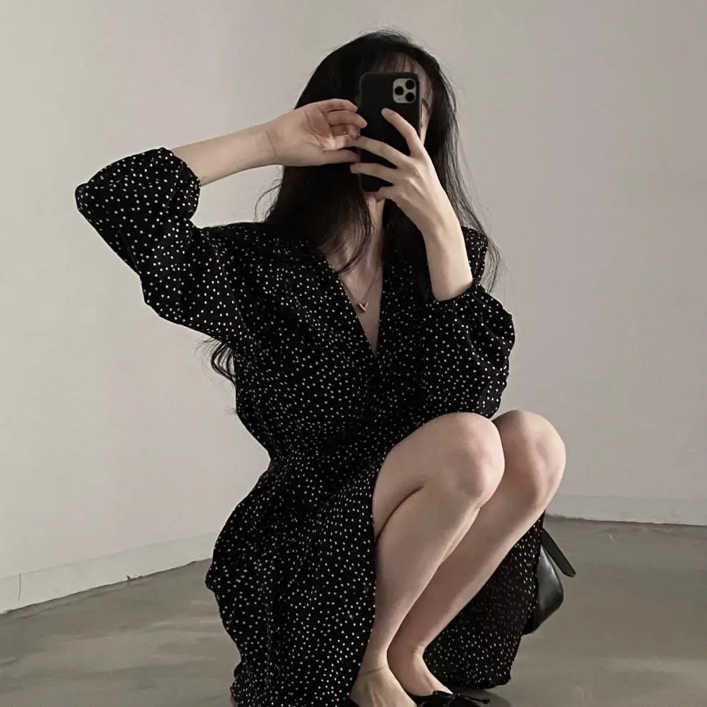 French Style Black Dot V-Neck Long Sleeve Dress Women — feature 12