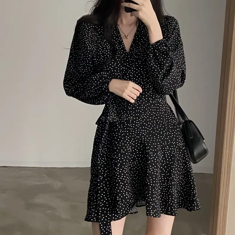 French Style Black Dot V-Neck Long Sleeve Dress Women — feature 16