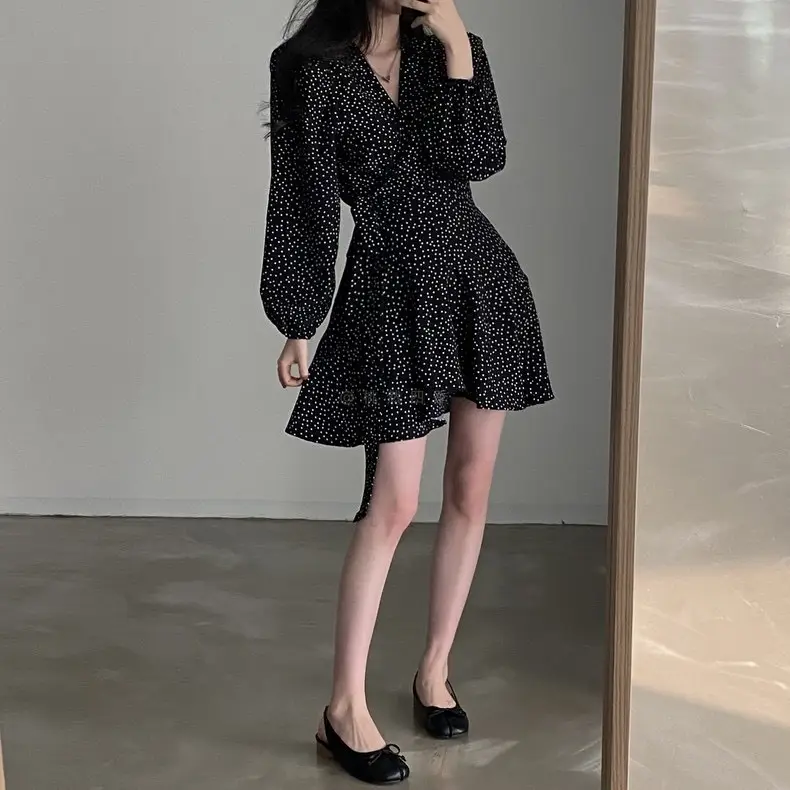 French Style Black Dot V-Neck Long Sleeve Dress Women — feature 17
