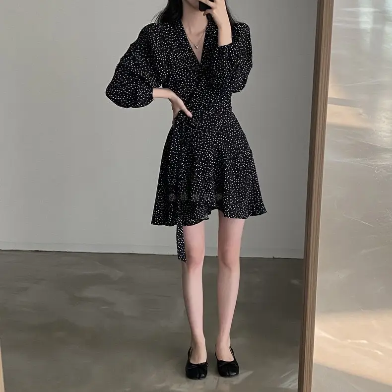 French Style Black Dot V-Neck Long Sleeve Dress Women — feature 18
