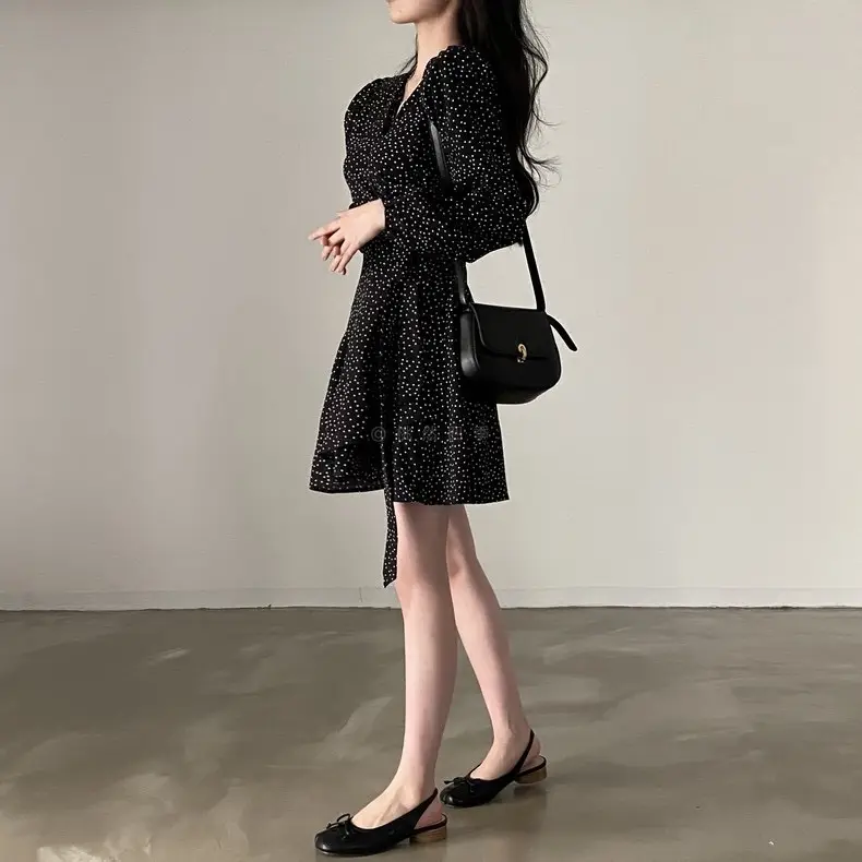 French Style Black Dot V-Neck Long Sleeve Dress Women — feature 19