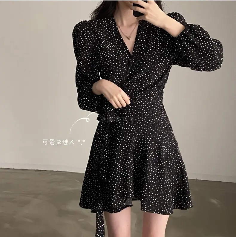 French Style Black Dot V-Neck Long Sleeve Dress Women — feature 2