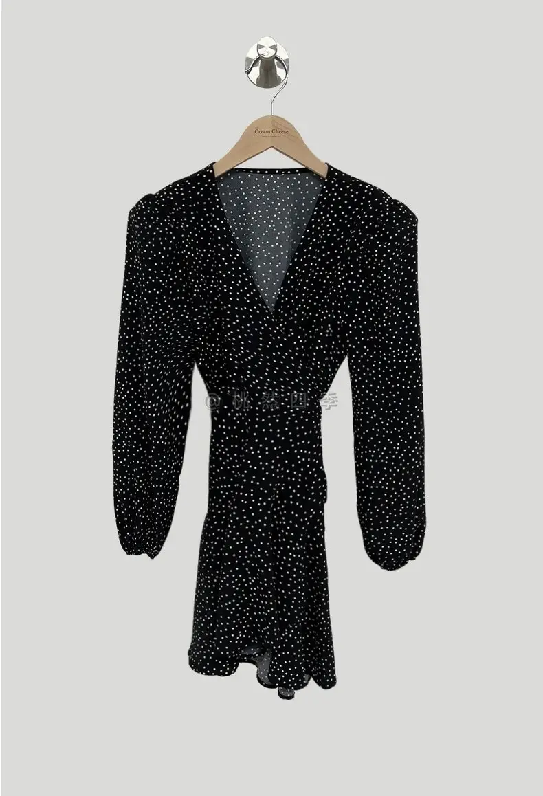 French Style Black Dot V-Neck Long Sleeve Dress Women — feature 20