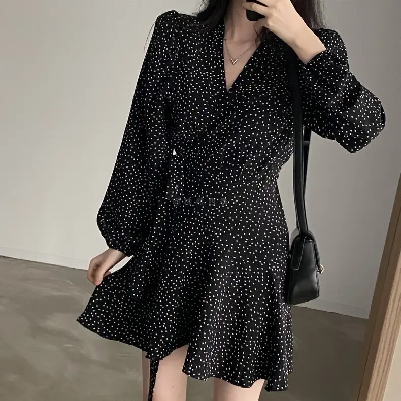 French Style Black Dot V-Neck Long Sleeve Dress Women — feature 4