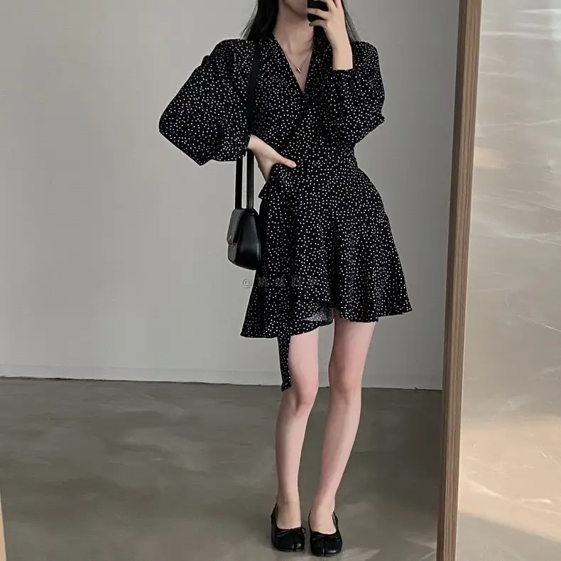 French Style Black Dot V-Neck Long Sleeve Dress Women — feature 5