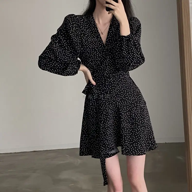 French Style Black Dot V-Neck Long Sleeve Dress Women — feature 6