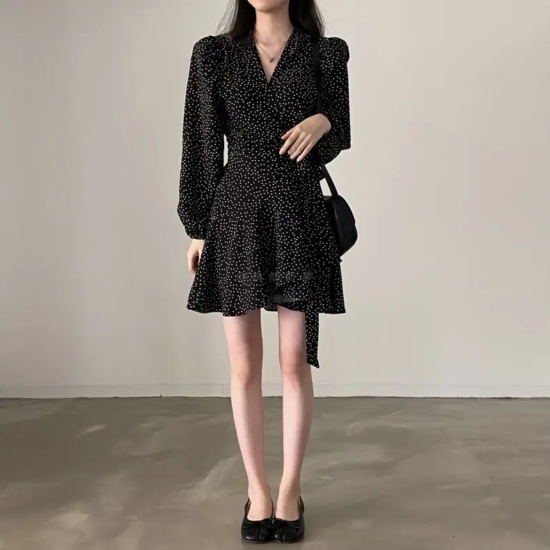 French Style Black Dot V-Neck Long Sleeve Dress Women — feature 7