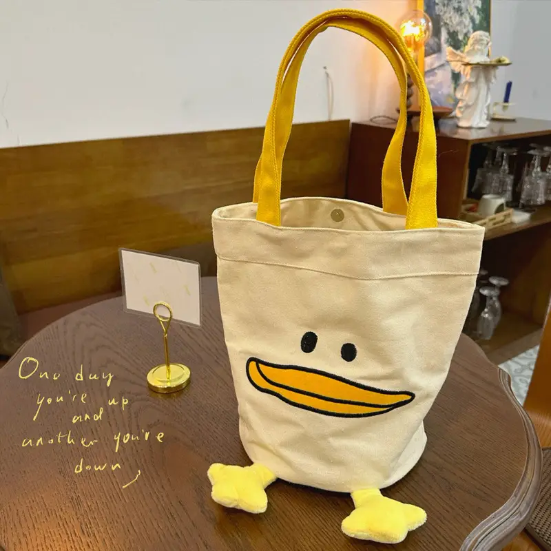 Cute Cartoon Canvas Lunch Bag for Women Yellow Yellow - Image 4