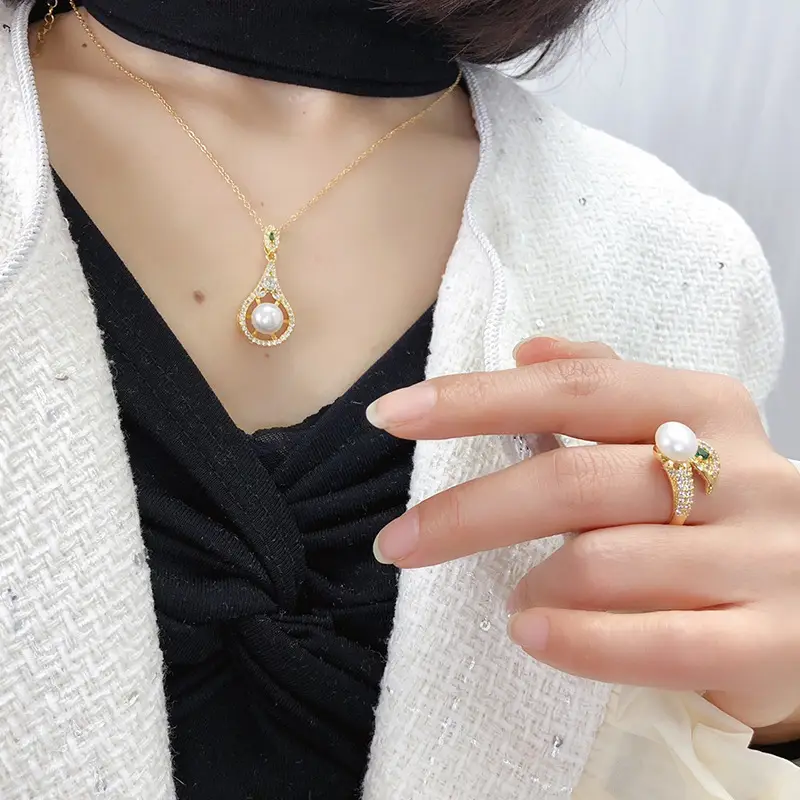 2024 Real Pearl Necklace Earrings Ring Set for Women - Image 6