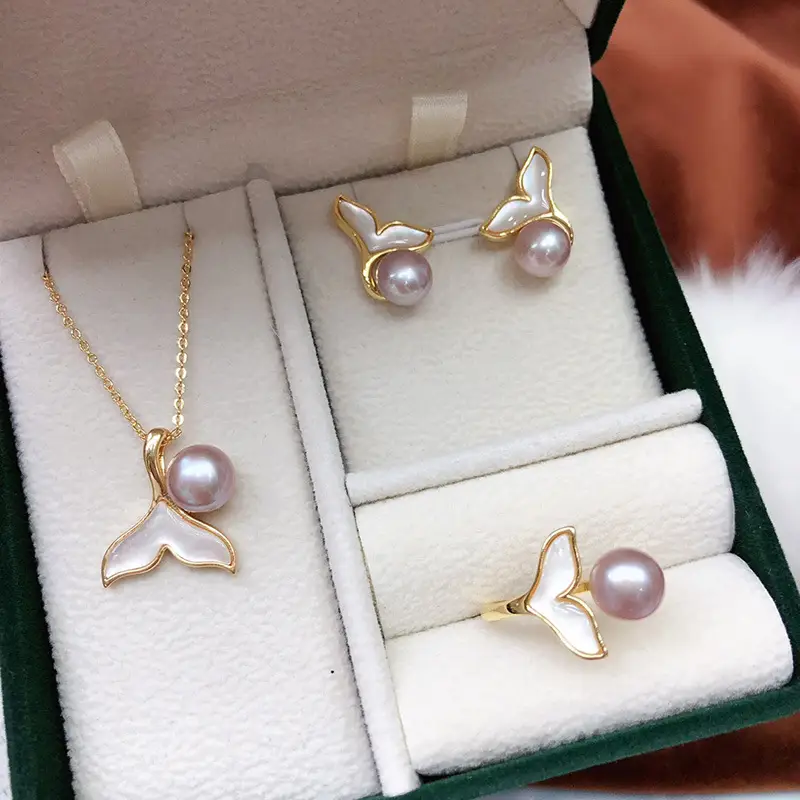 Freshwater Pearl Necklace Set 7-8mm Gold - Image 9