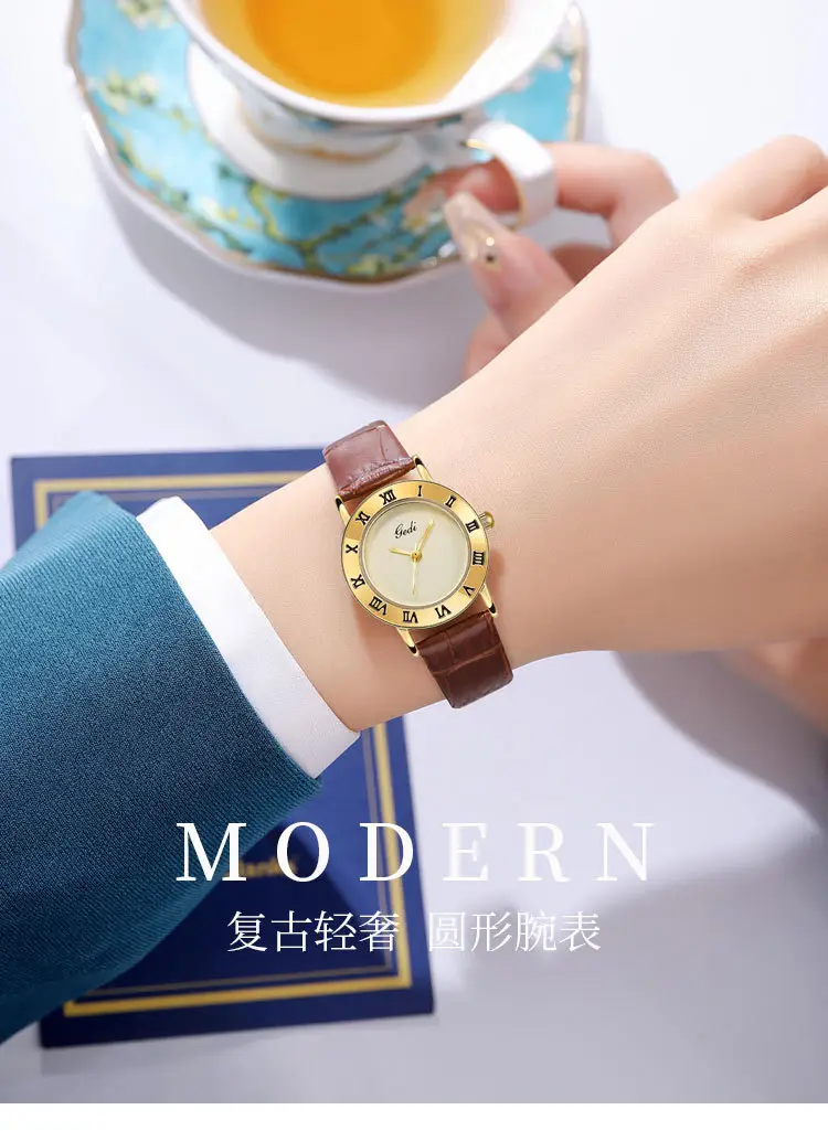 Gedi Vintage Black Leather Women's Quartz Watch — feature 2