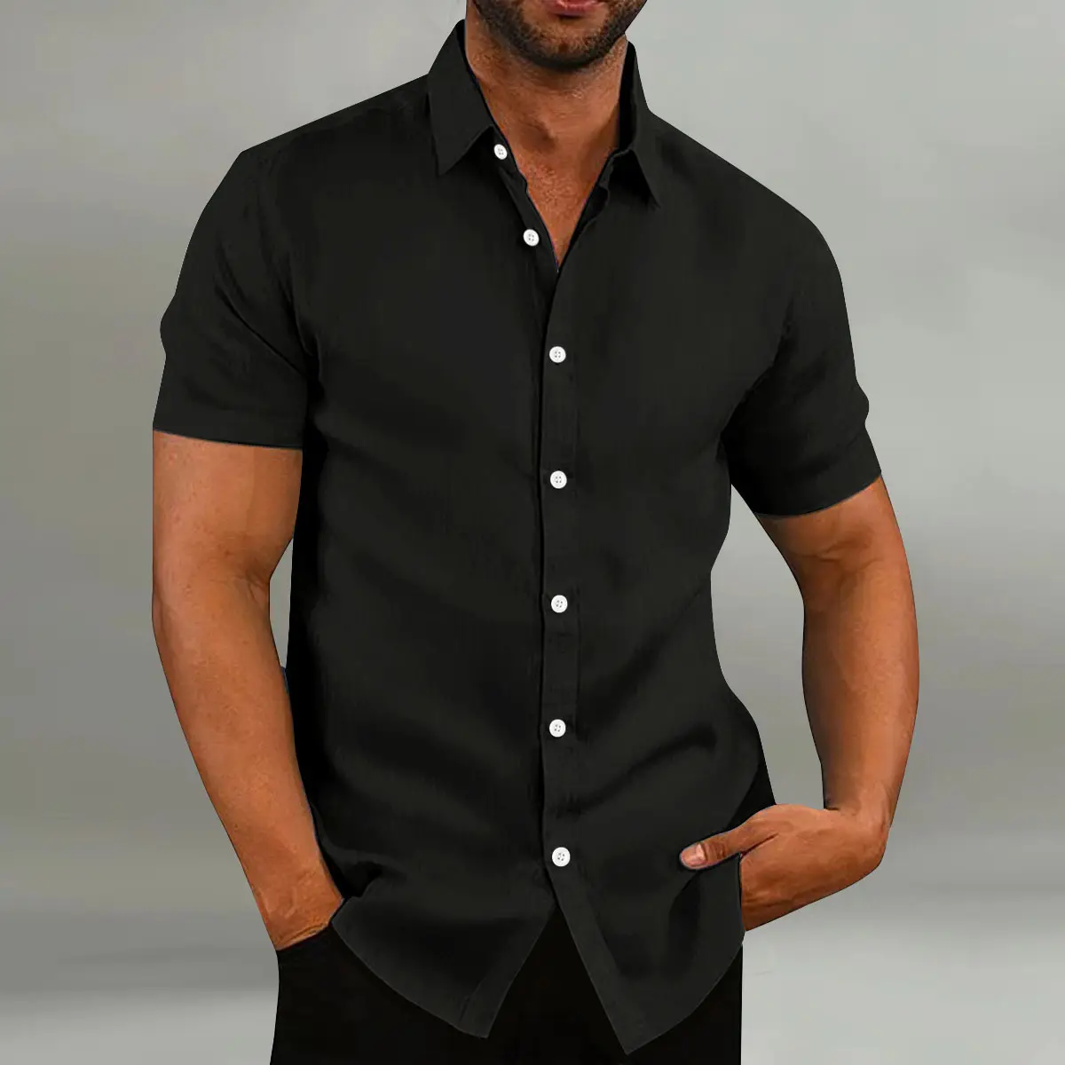 Men's White Short-Sleeve Button Shirt Cotton Linen - Image 3