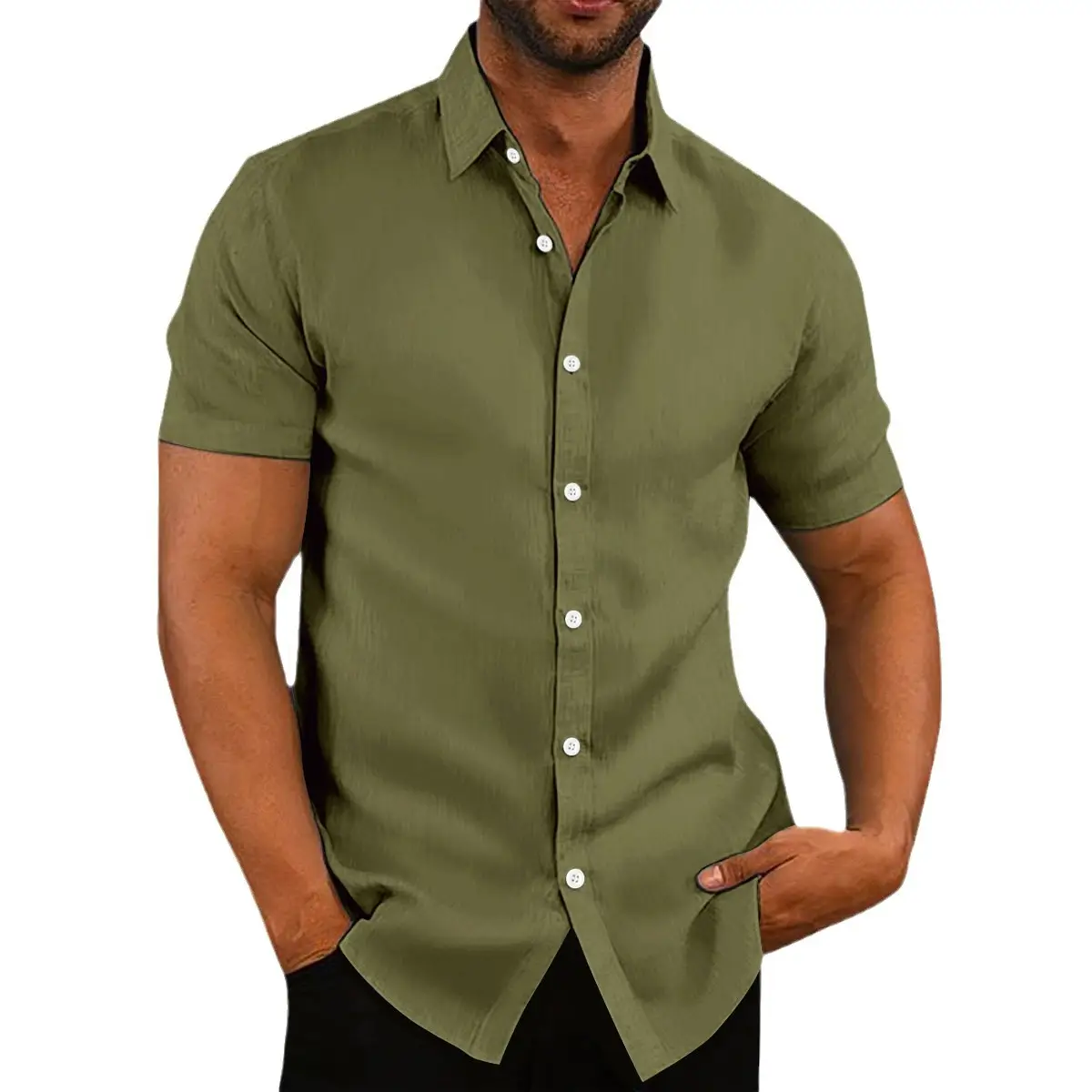 Men's White Short-Sleeve Button Shirt Cotton Linen - Image 12