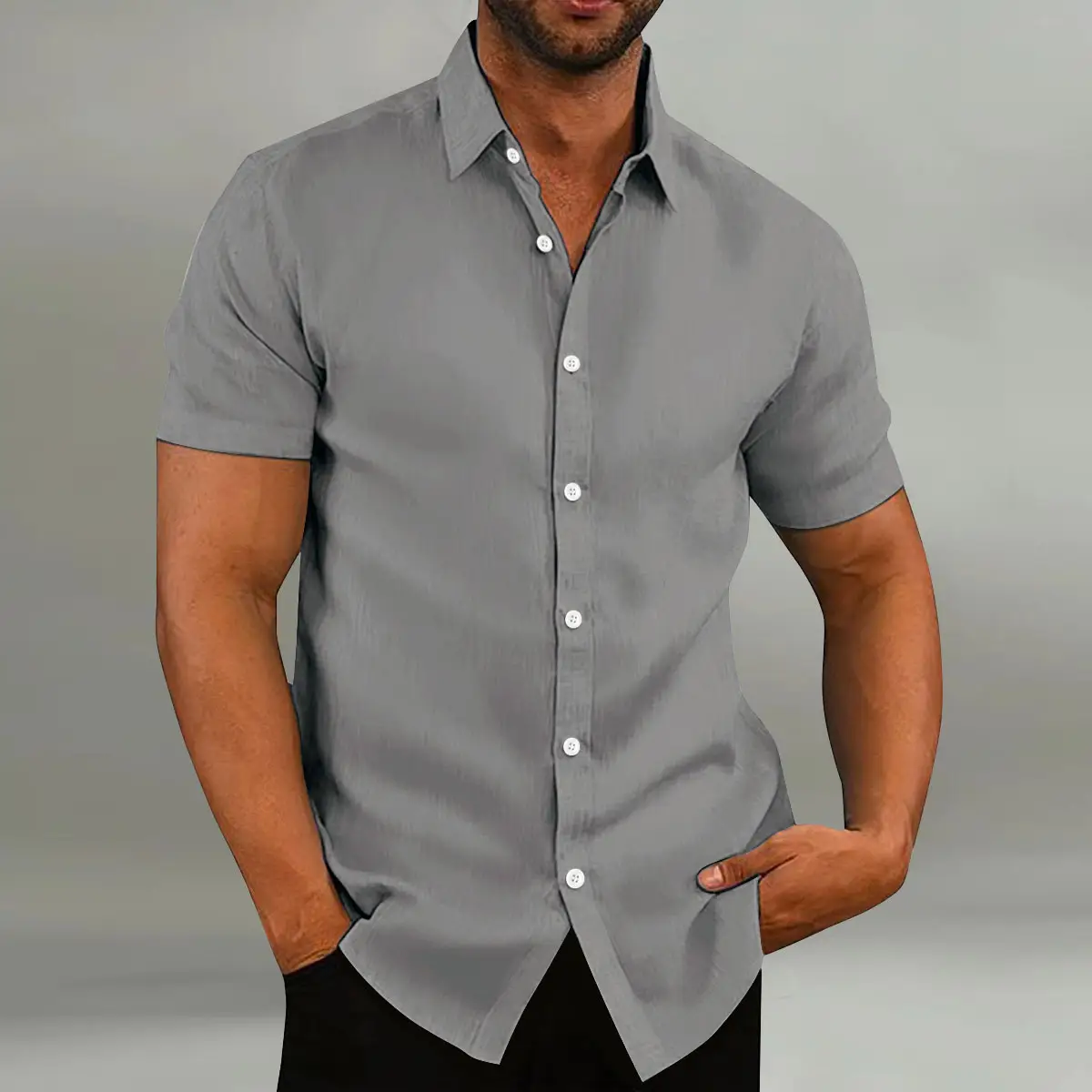 Men's White Short-Sleeve Button Shirt Cotton Linen - Image 2