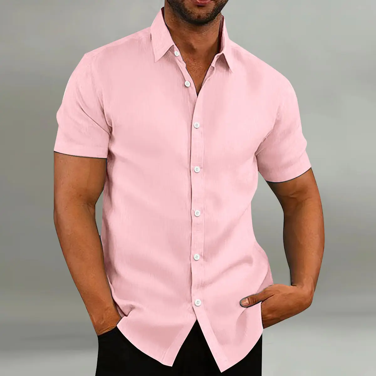 Men's White Short-Sleeve Button Shirt Cotton Linen - Image 4