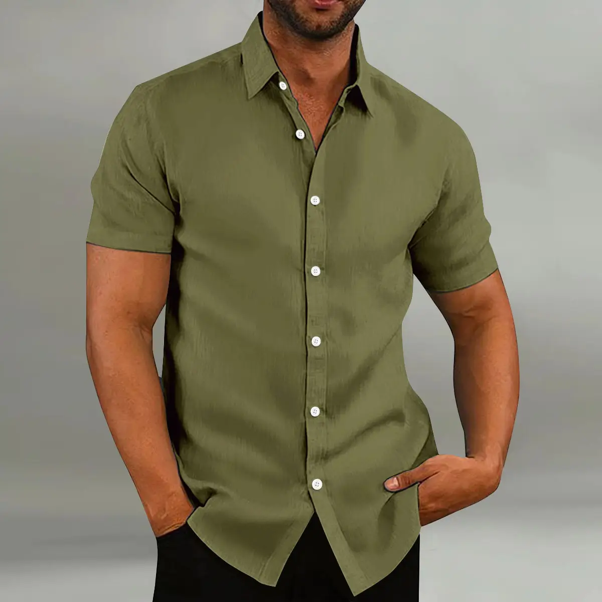 Men's White Short-Sleeve Button Shirt Cotton Linen - Image 5