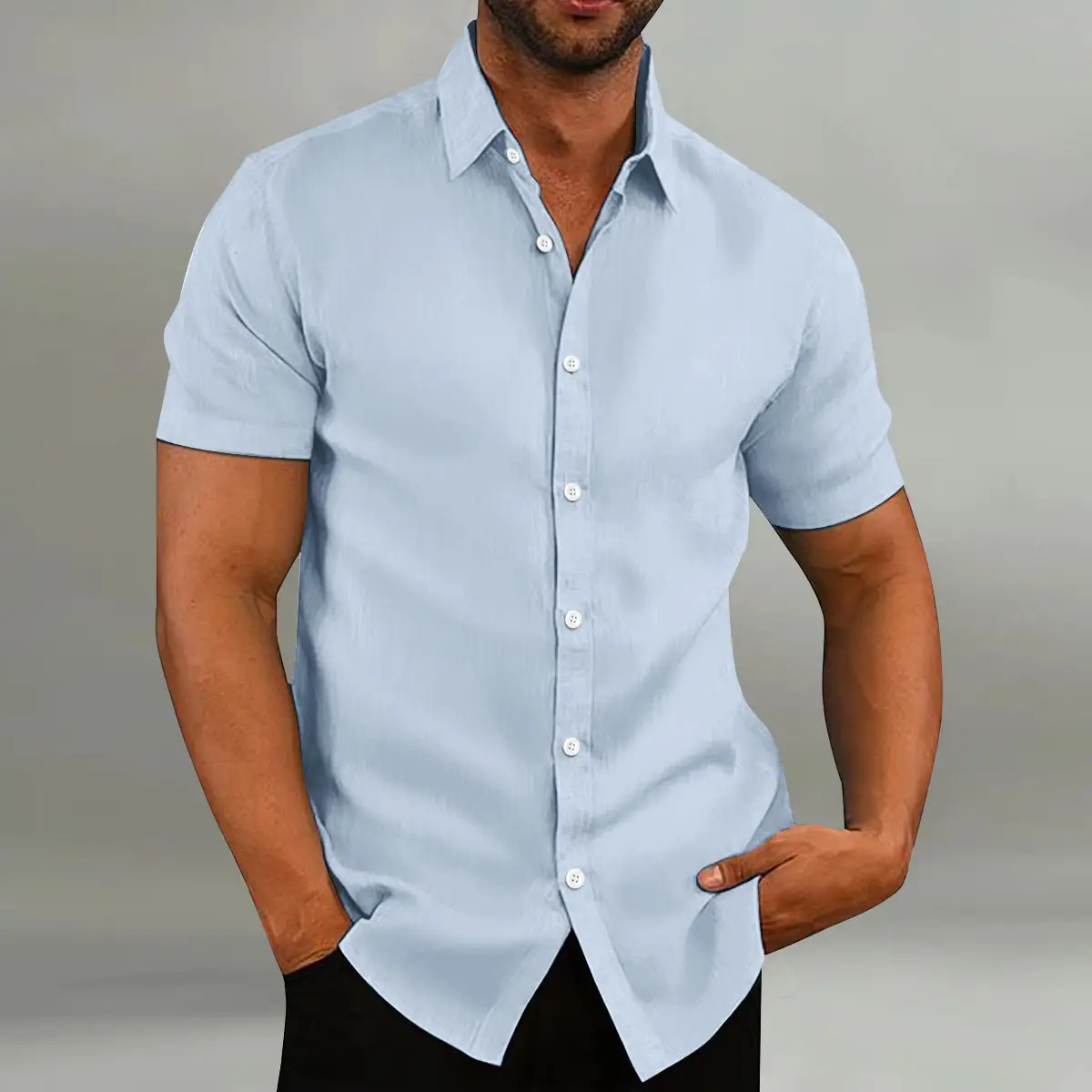 Men's White Short-Sleeve Button Shirt Cotton Linen - Image 6