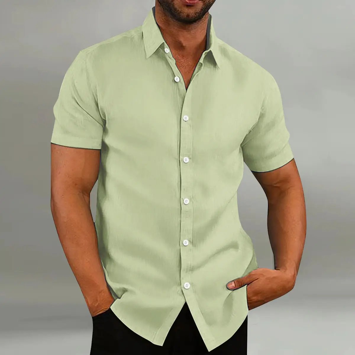 Men's White Short-Sleeve Button Shirt Cotton Linen - Image 7