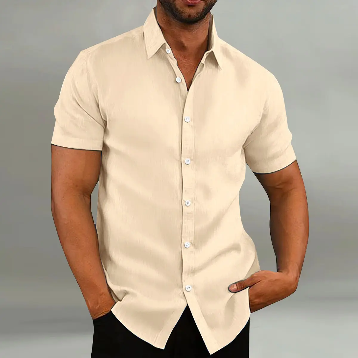 Men's White Short-Sleeve Button Shirt Cotton Linen - Image 8