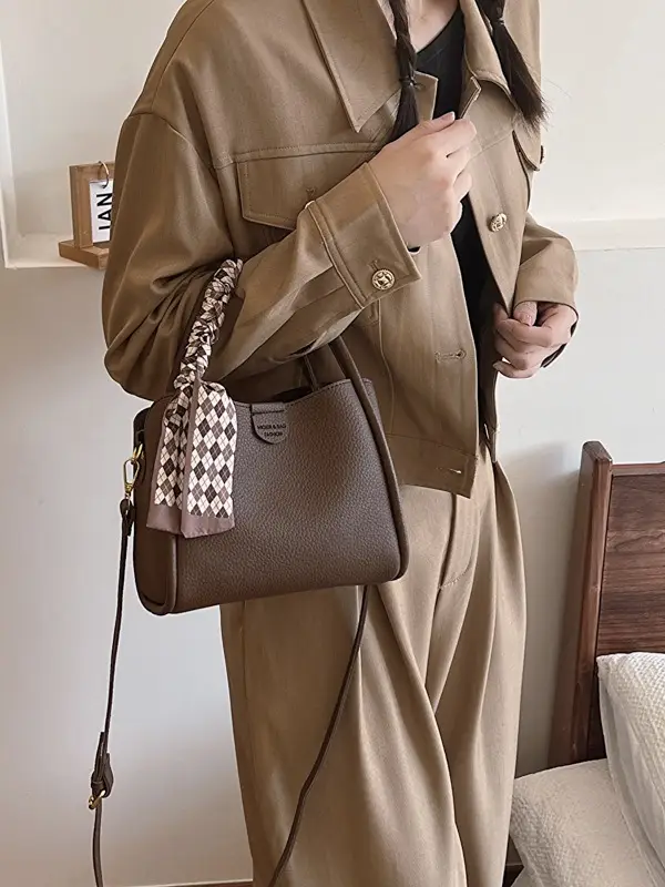 Women's Brown Leather Bucket Bag with Tassel Handle - Image 5