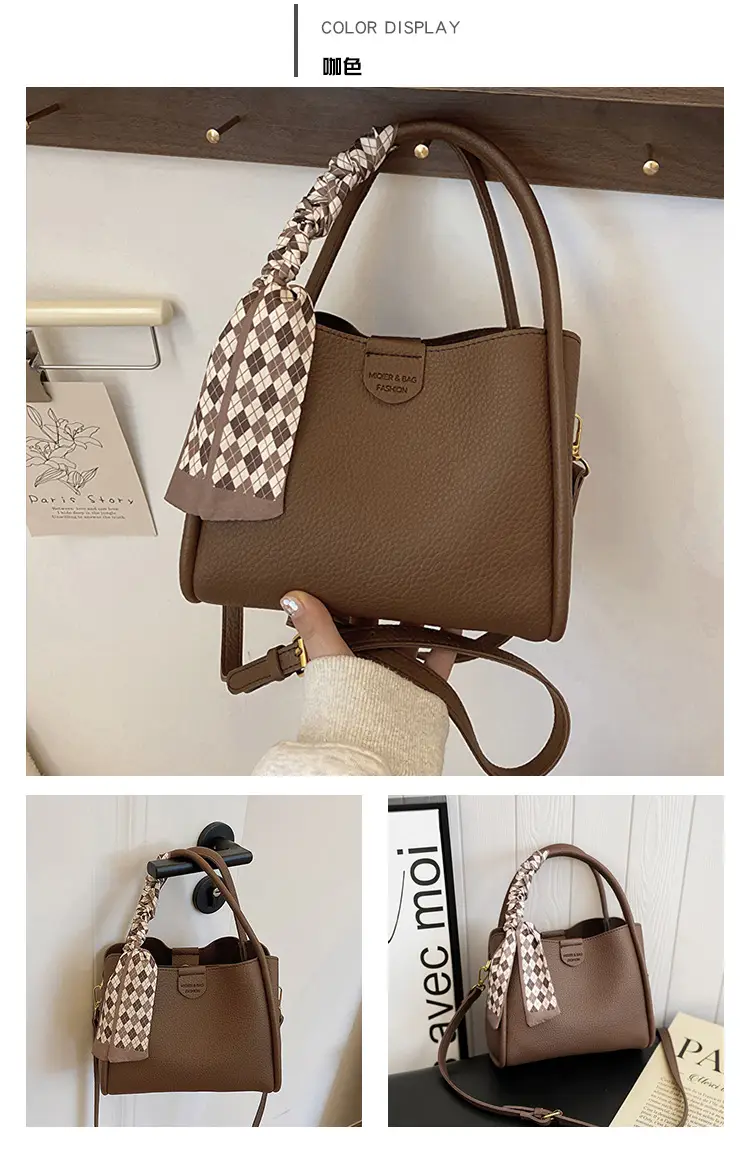 Women's Brown Leather Bucket Bag with Tassel Handle — feature 17