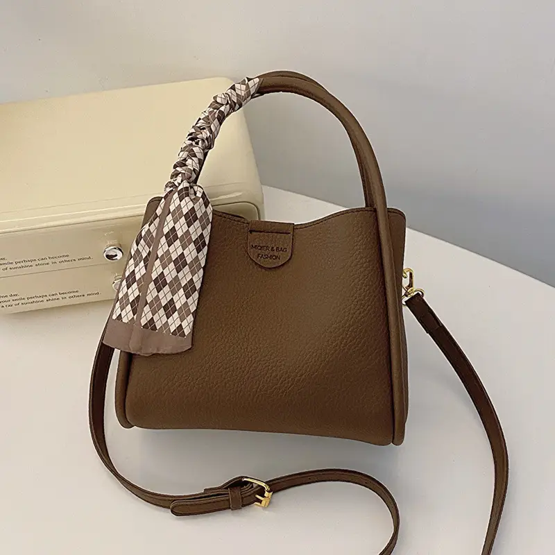 Women's Brown Leather Bucket Bag with Tassel Handle - Image 2