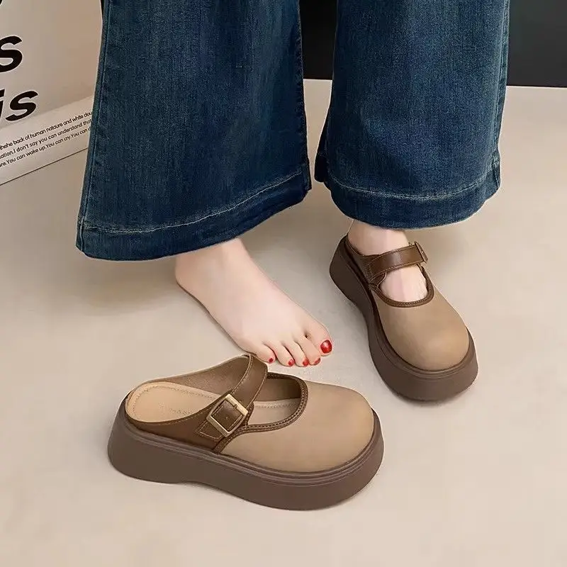 Women Brown Thick Heel Mary's Slippers 2025 - Image 4