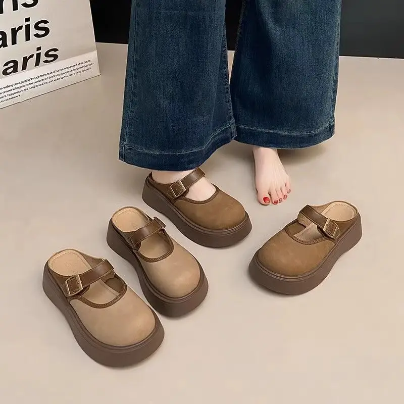Women Brown Thick Heel Mary's Slippers 2025 - Image 5