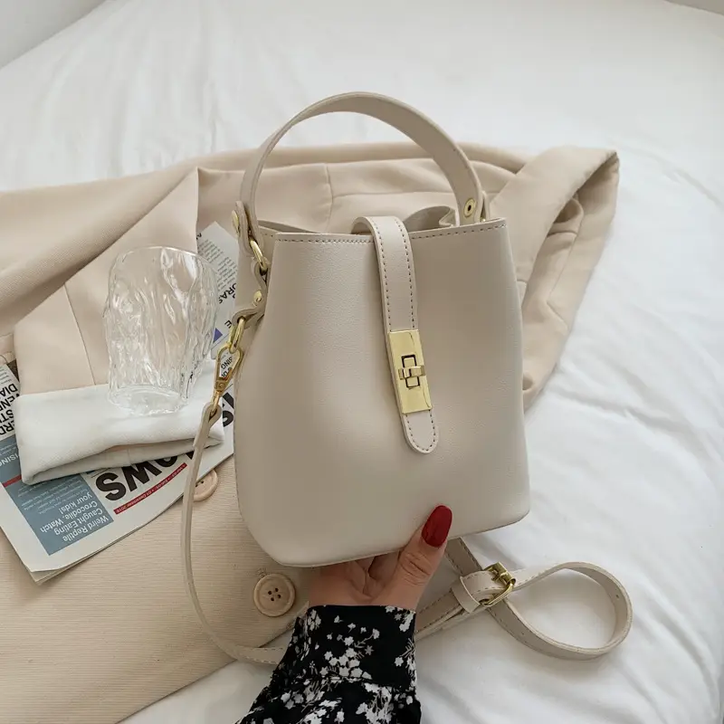 Women's Beige Shoulder Bag with Gold Plated Handle - Image 4