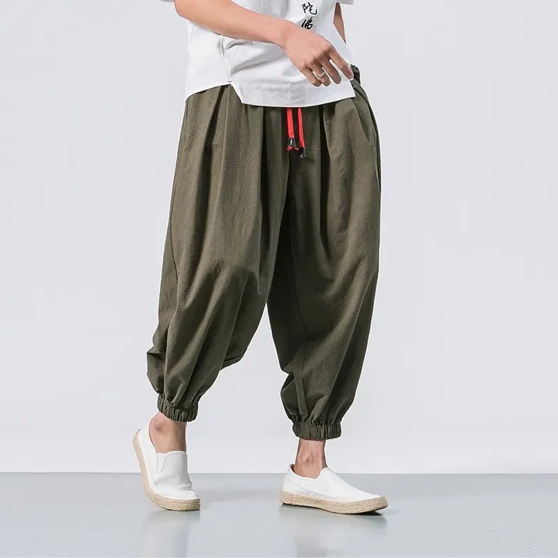 Men Maroon Harem Pants Loose Cotton Linen - Image 2