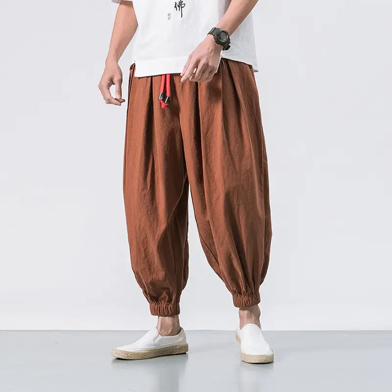 Men Maroon Harem Pants Loose Cotton Linen - Image 3