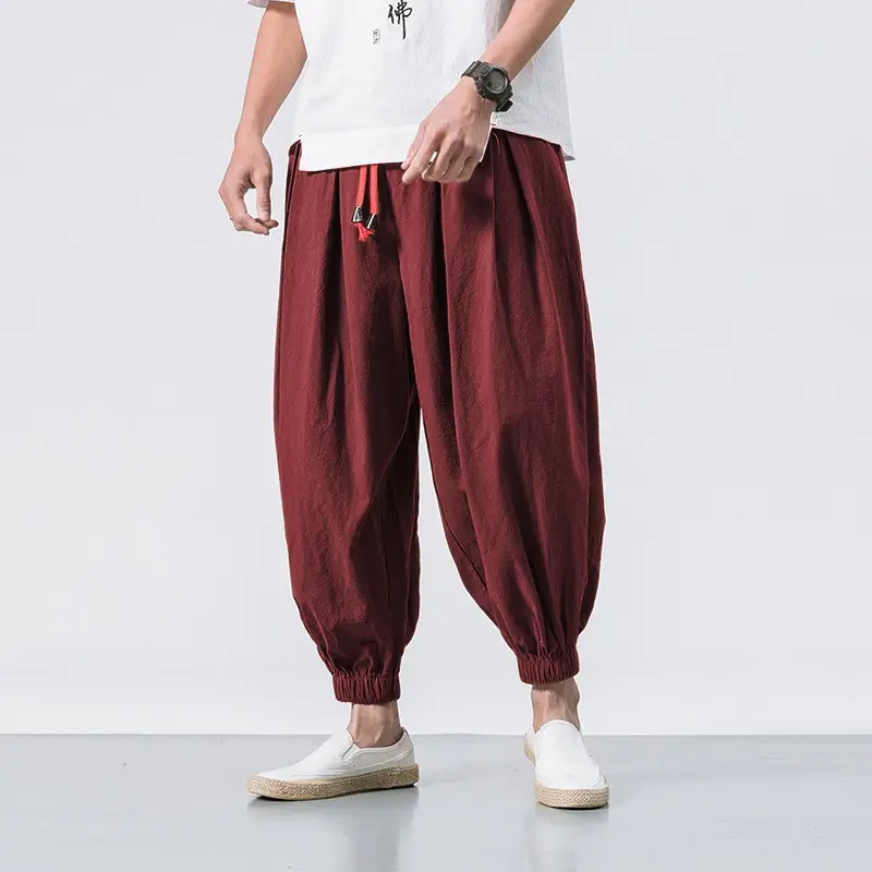 Men Maroon Harem Pants Loose Cotton Linen - Image 7