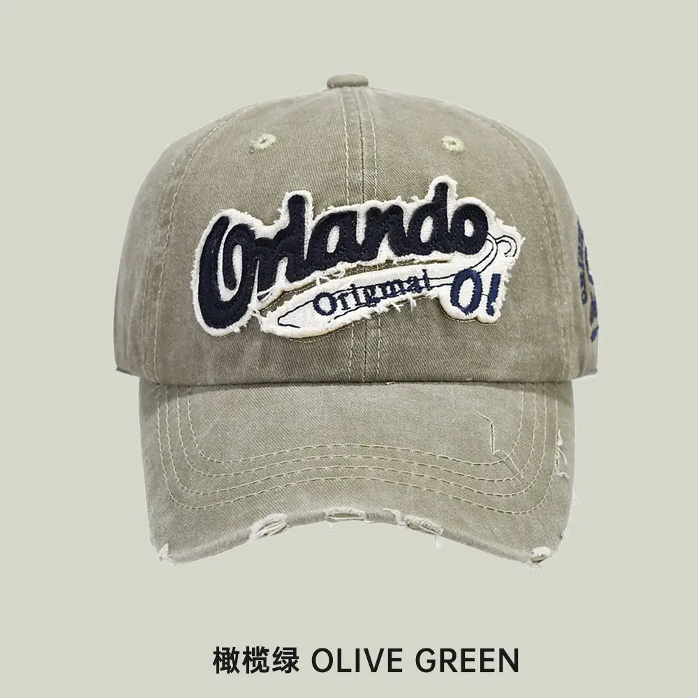 Orange Old Oil Embroidered Baseball Cap Olive Green - Image 2