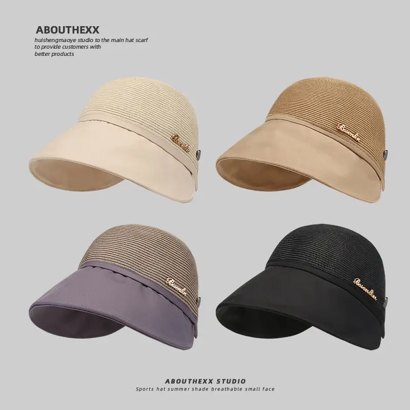 Women Straw Sun Hat Beige Gray Adjustable - Image 10