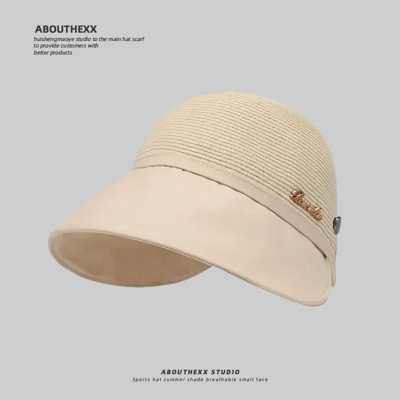 Women Straw Sun Hat Beige Gray Adjustable - Image 2