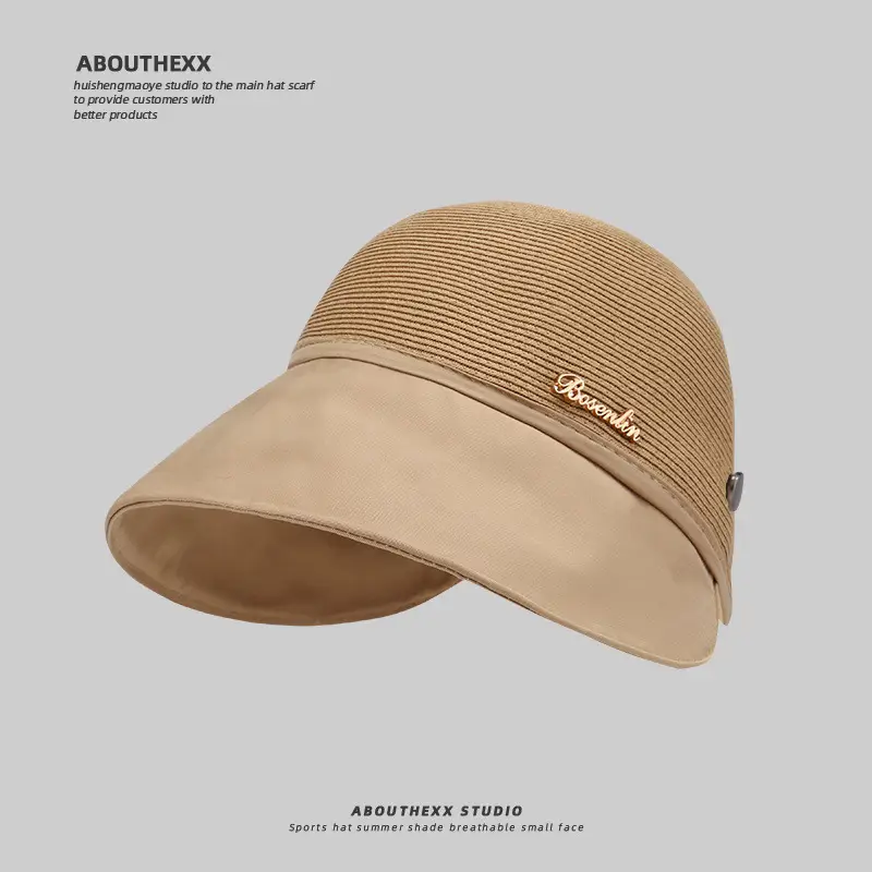 Women Straw Sun Hat Beige Gray Adjustable - Image 3