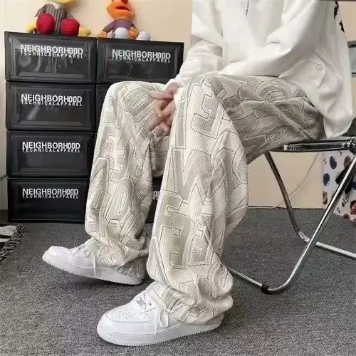 Men Full Printed Corduroy Pants Blue Loose Wide Leg - Image 8