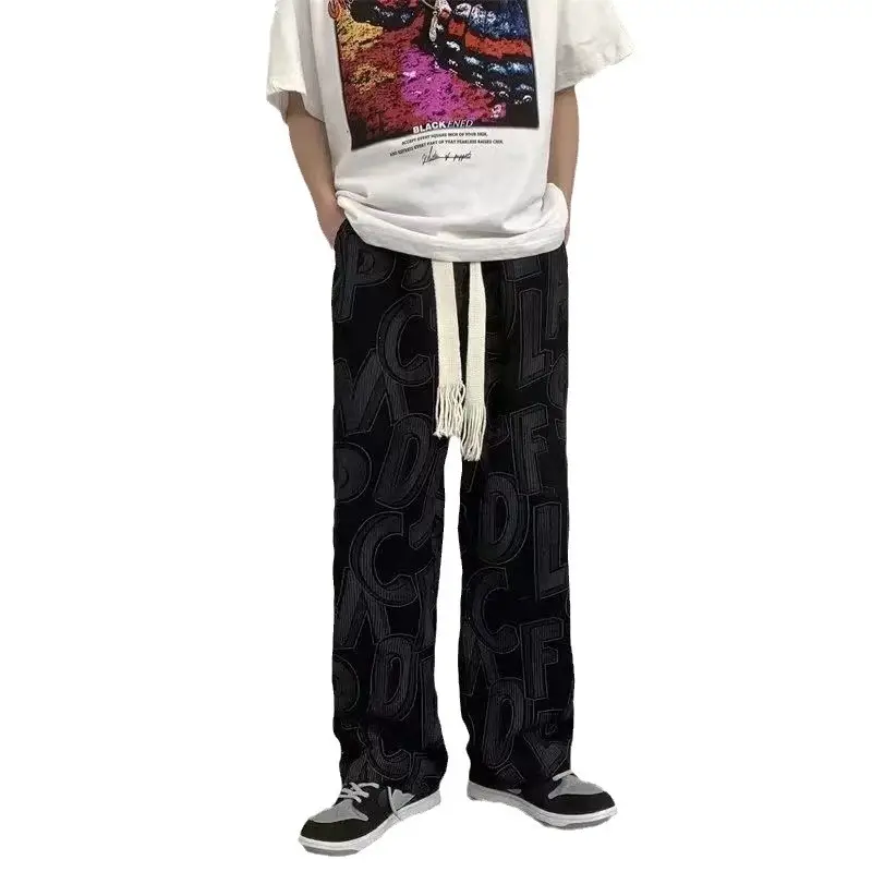 Men Full Printed Corduroy Pants Blue Loose Wide Leg - Image 9