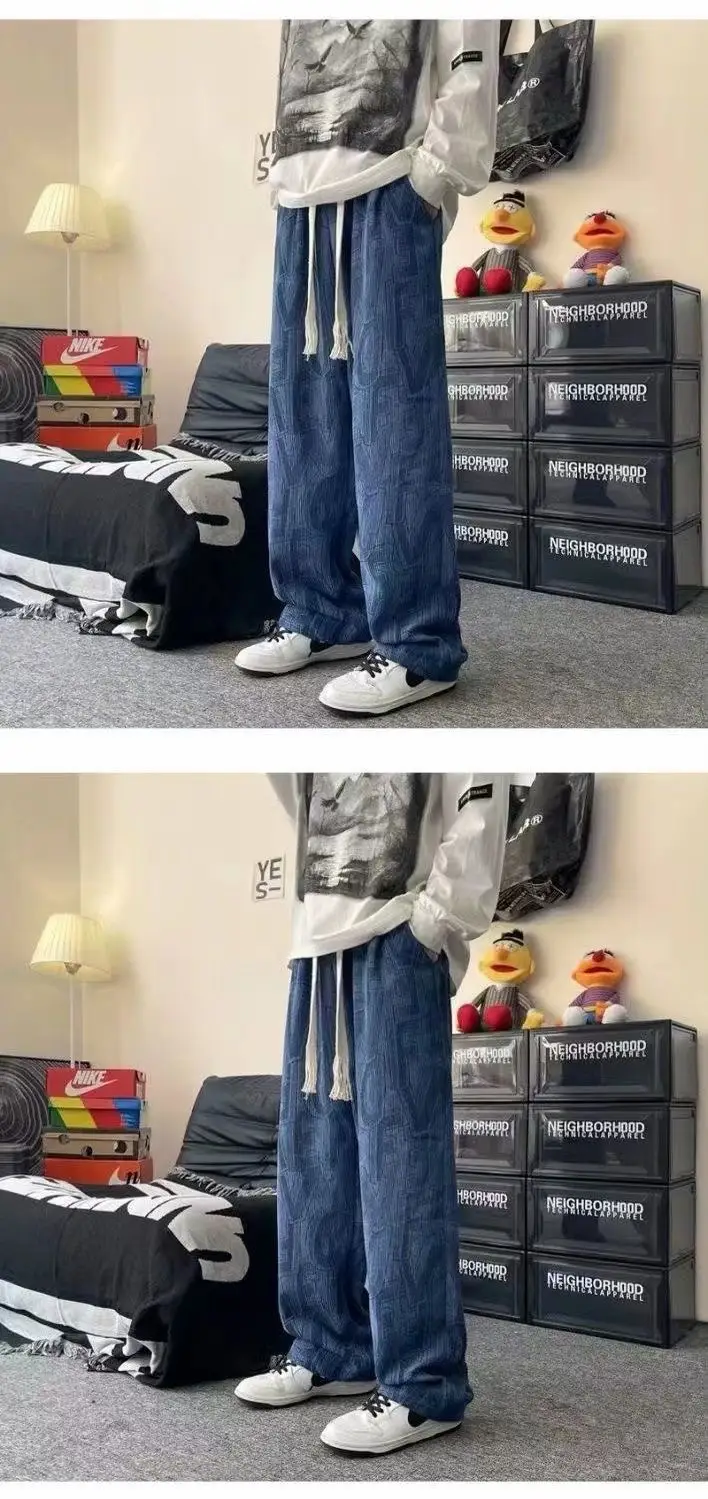 Men Full Printed Corduroy Pants Blue Loose Wide Leg — feature 10