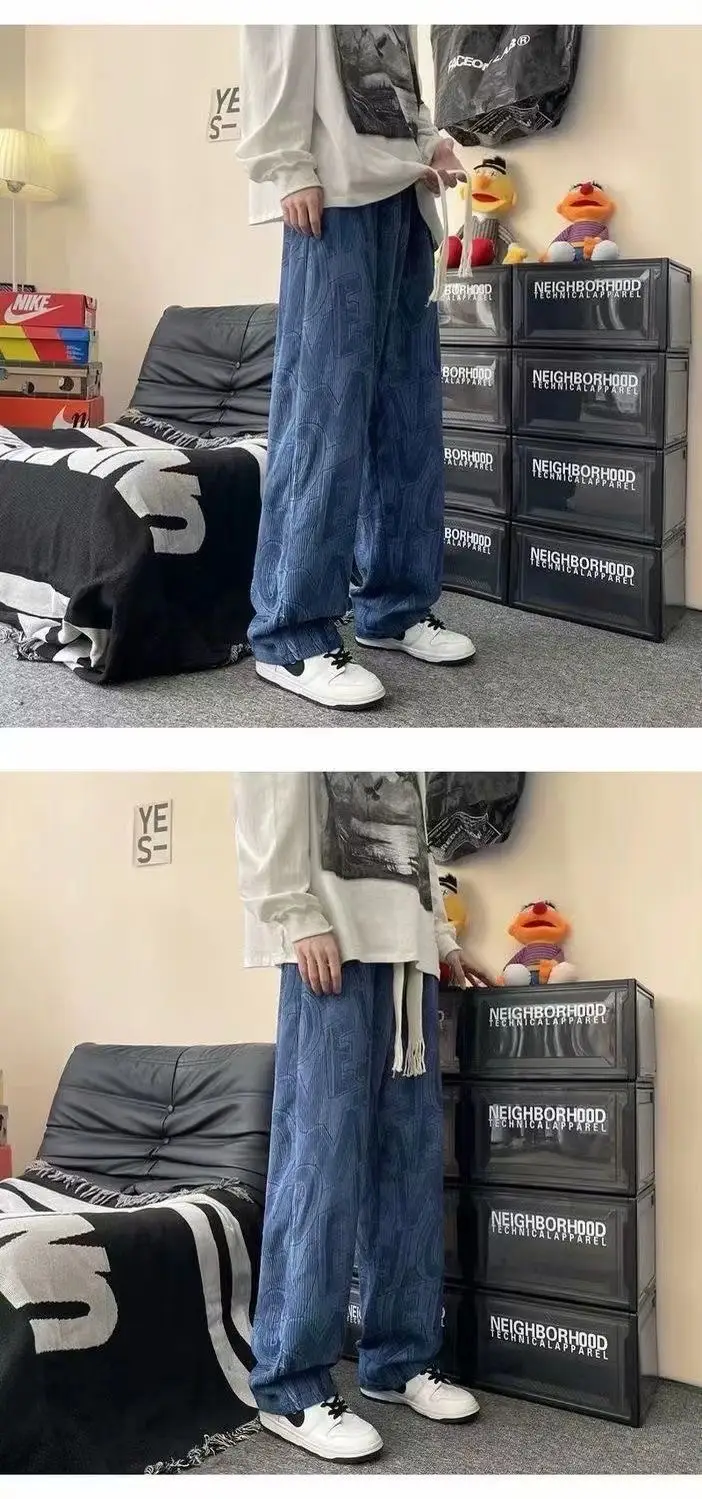 Men Full Printed Corduroy Pants Blue Loose Wide Leg — feature 16