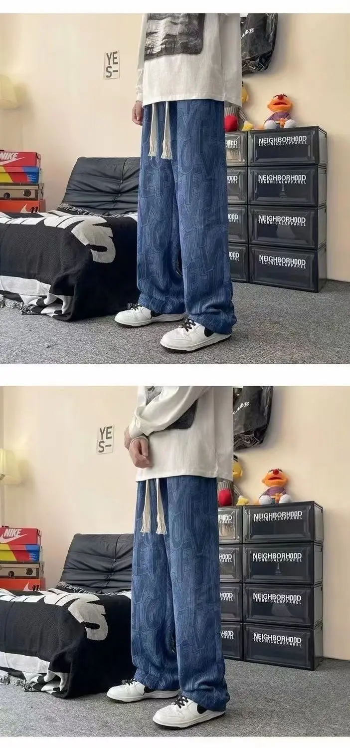 Men Full Printed Corduroy Pants Blue Loose Wide Leg — feature 9
