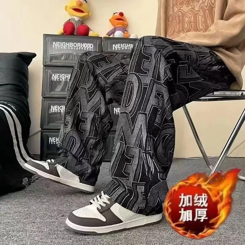 Men Full Printed Corduroy Pants Blue Loose Wide Leg - Image 4