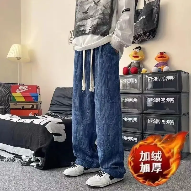 Men Full Printed Corduroy Pants Blue Loose Wide Leg - Image 5