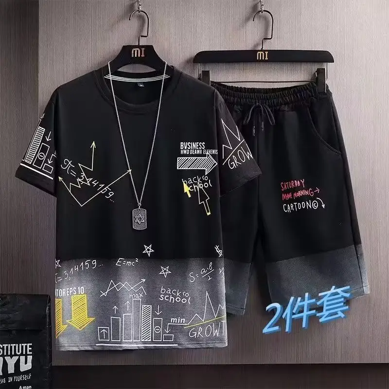 Men Ice Silk Graphic Shorts Set Black Summer Casual