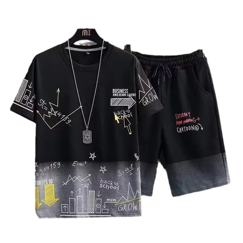 Men Ice Silk Graphic Shorts Set Black Summer Casual - Image 27
