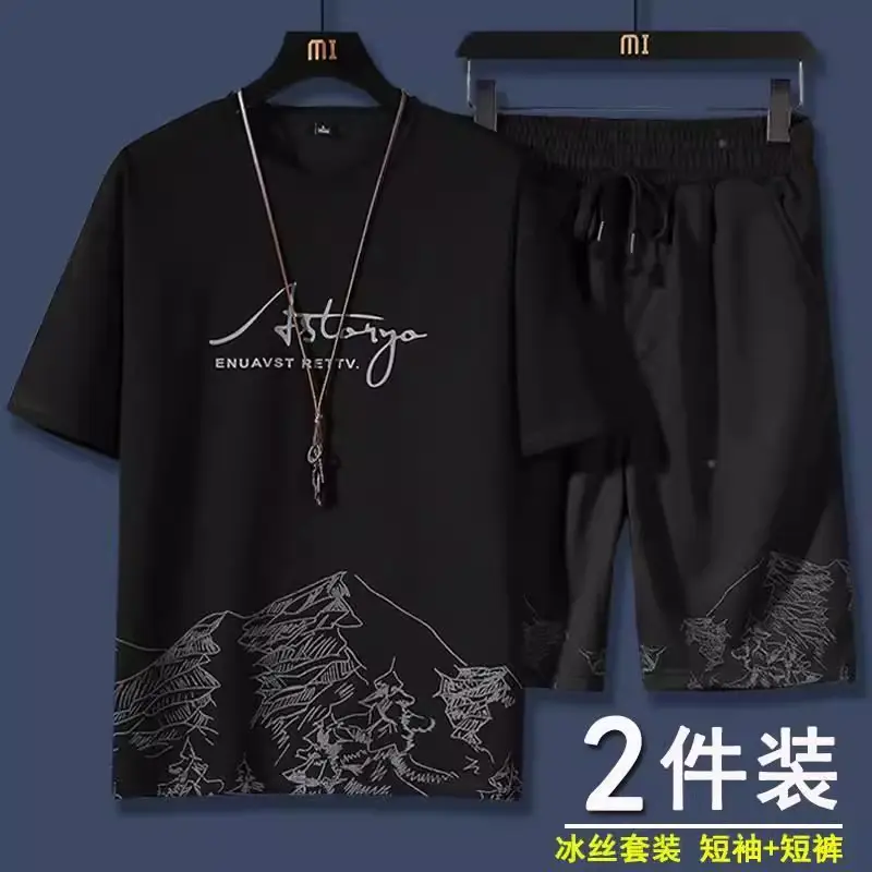 Men Ice Silk Graphic Shorts Set Black Summer Casual — feature 11