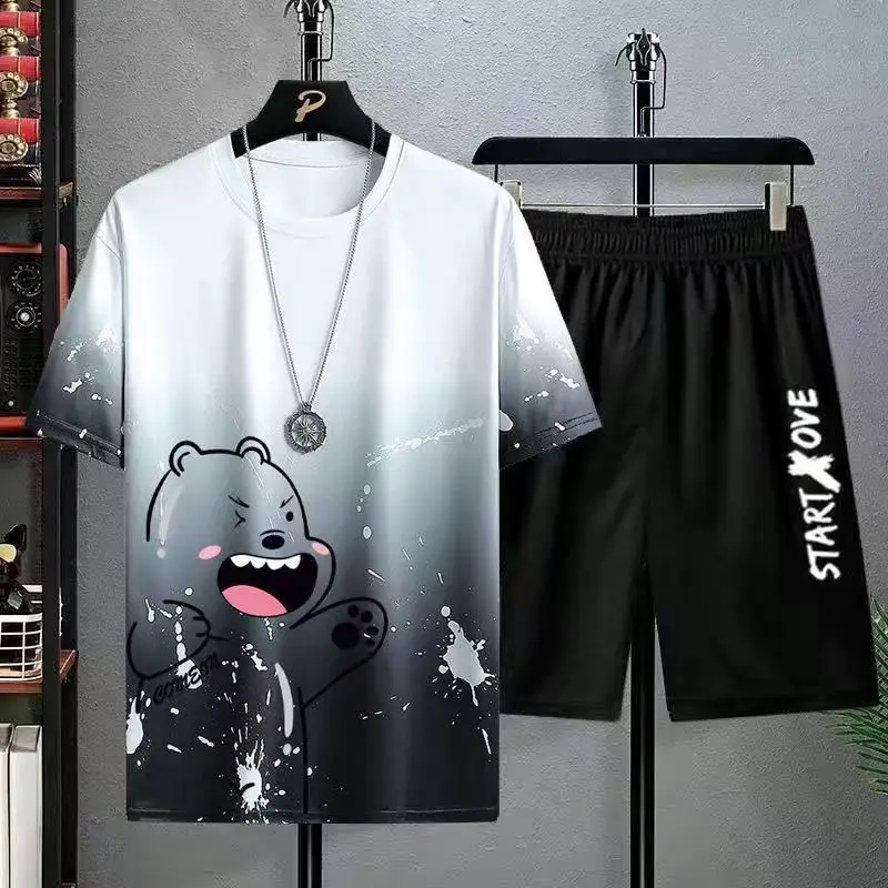 Men Ice Silk Graphic Shorts Set Black Summer Casual - Image 12