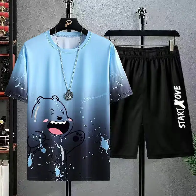 Men Ice Silk Graphic Shorts Set Black Summer Casual - Image 14