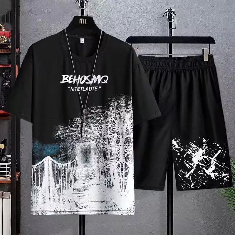 Men Ice Silk Graphic Shorts Set Black Summer Casual - Image 15